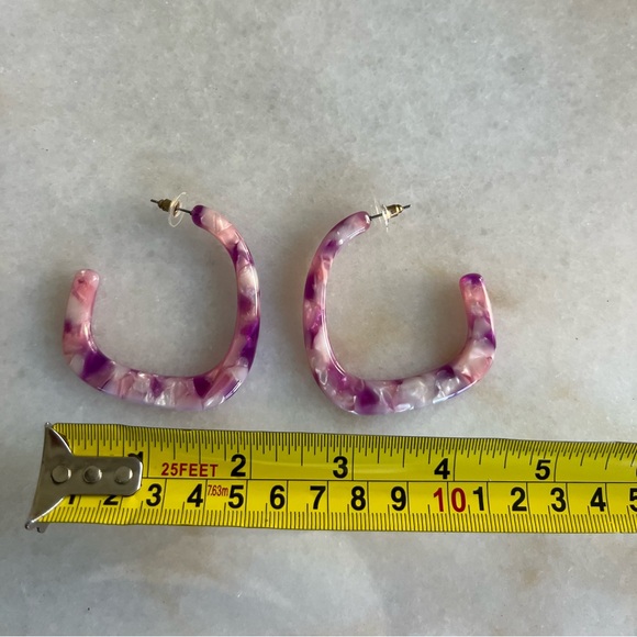 Hoop Earrings Marbled Pink and Purple Acrylic Modern Contemporary Design - Picture 4 of 4